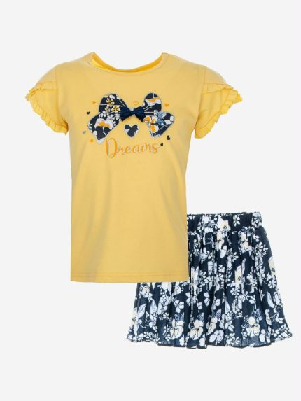 Completo Spring Breeze Ativo Kids Completo in cotone per bambina composto da: T.shirt stampata girocollo a maniche corte con orlo arricciato e fiocchetto applicato + gonna con elastico in vita e stampa fantasia fiori all over.