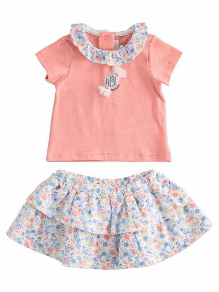 COMPLETO T.SHIRT+GONNA FIORI MINIBANDA - Completo due pezzi: t.shirt in cotone a manica corta con colletto rouche fiorato+ gonna fantasia fiorata.