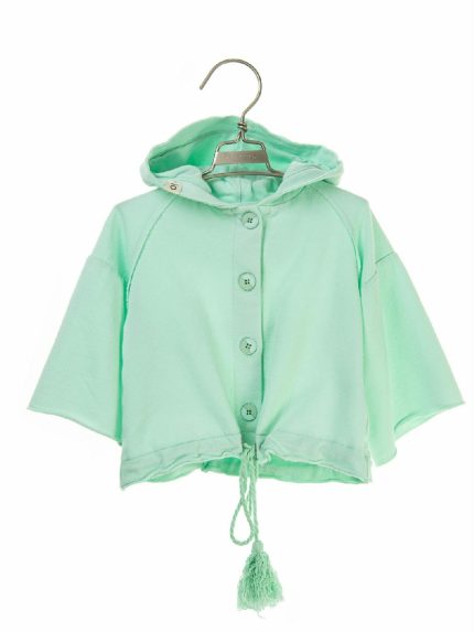 FELPA APERTA C/CAPPUCCIO MAPERÒ - Felpa aperta in cotone con cappuccio, manica raglan a campana, allacciatura a bottoni, coulisse al fondo, motivo frange posteriori. Taglie da 3 mesi a 4 anni.
