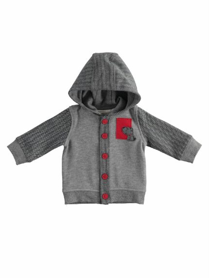 FELPA APERTA CON CAPPUCCIO MINIBANDA- Felpa neonato con cappuccio, allacciatura a bottoni, patch applicata.