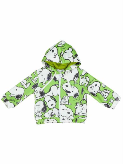 Felpa baby Felpa zippata con cappuccio dal peso invernalee, polsi e fondo elasticizzati, stampa Snoopy all over. Made in Italy