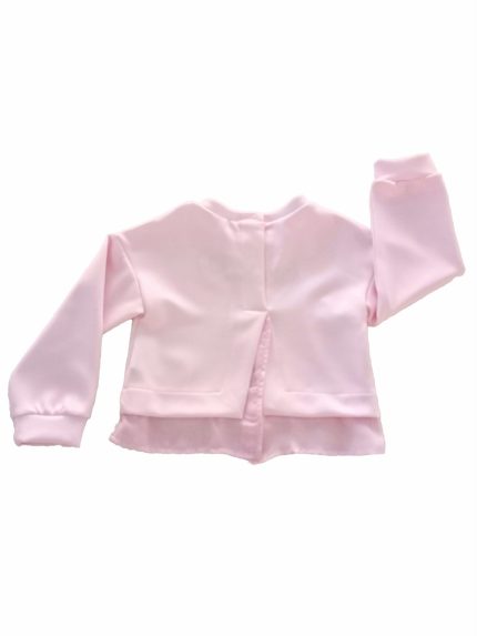 Felpa bimba Felpa girocollo con stampa fiocco frontale, balzina al fondo in organza, allacciatura posteriore con bottoncino, particolare apertura dietro doppiata in organza. Made in Italy Party Natale