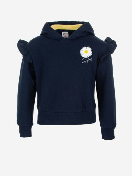 Felpa Spring Breeze Ativo Kids Felpa girocollo con cappuccio da bambina in cotone a maniche lunghe rifinite con polsino, rouche al giromanica, ricamo margherita.