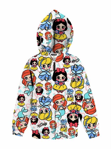 Felpa zip bimba Love Princess Felpa Zip Bambina con Cappuccio - Stampa Principesse - 100% Cotone Love Princess Mousse Bambina Primavera/Estate
