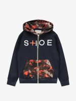 Felpa zip con cappuccio Felpa color block blu navy con chiusura a zip e cappuccio, tasche davanti fantasia camouflage arancio, polsi e fondo lavorati a costine, stampa "Shoe Plus" centrata sul petto. Vestibilità regolare, 100% cotone, Made in Italy.