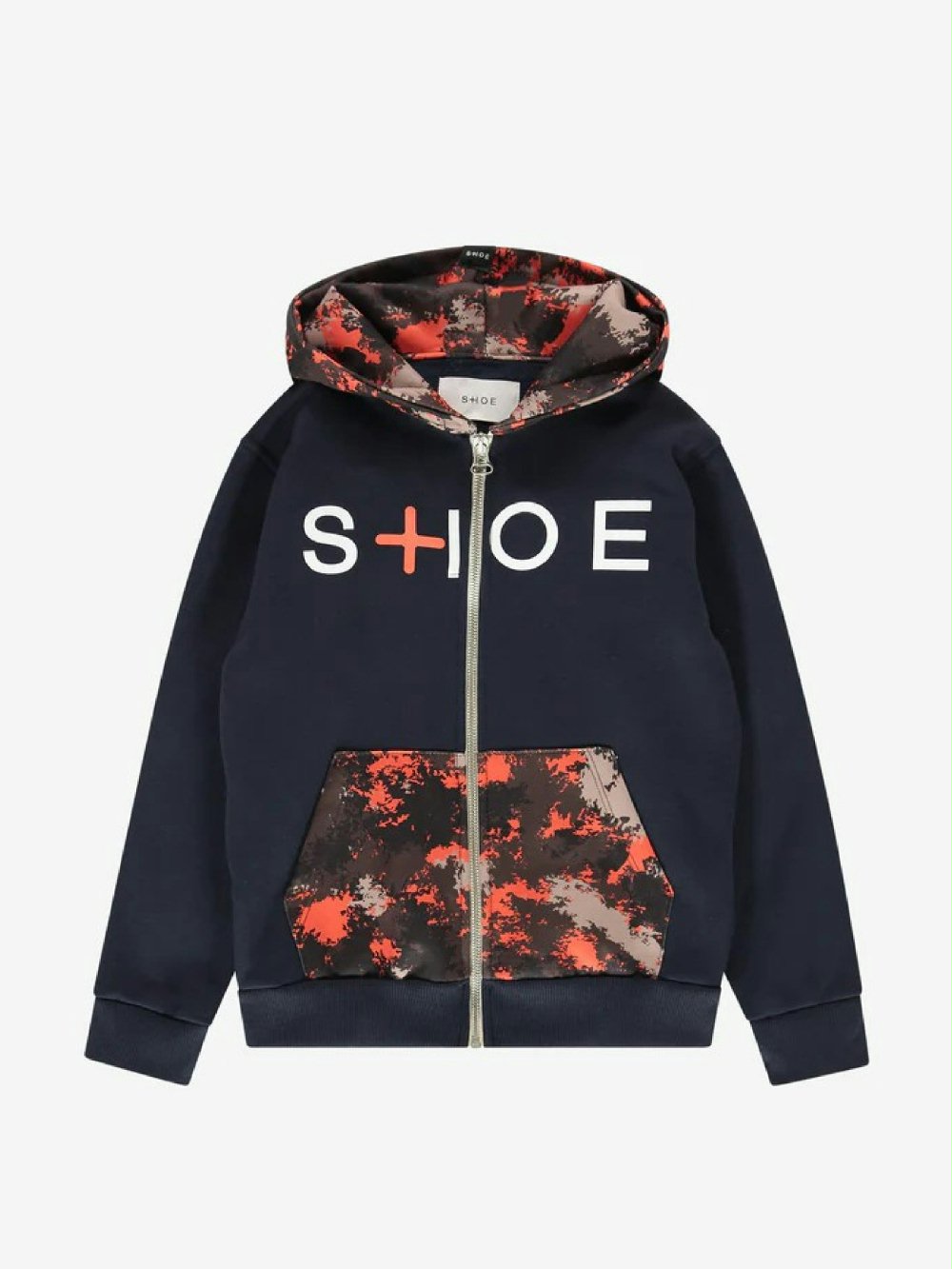 Felpa zip con cappuccio ZAIB0402 00 Felpa zip con cappuccio Felpa color block blu navy con chiusura a zip e cappuccio, tasche davanti fantasia camouflage arancio, polsi e fondo lavorati a costine, stampa "Shoe Plus" centrata sul petto. Vestibilità regolare, 100% cotone, Made in Italy.