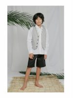 GILET COTONE/LINO OVER-D: Gilet sporty chic, fantasia rigata nero/grigio melange con retro a tinta unita, tessuto cotone/lino. Taglie 4/16 anni.