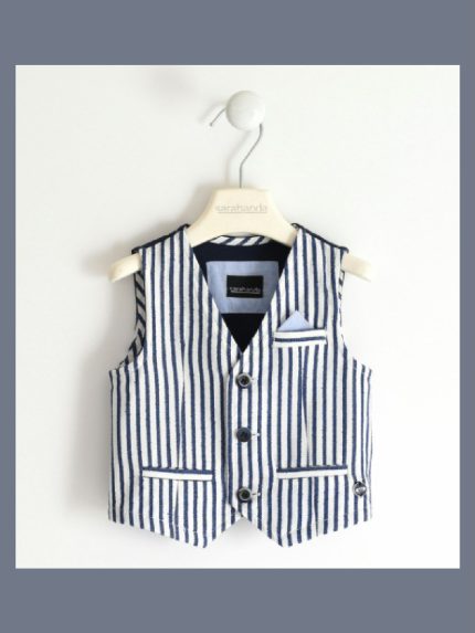 GILET TESSUTO RIGATO BABY SARABANDA - Gilet elegante, con taschino e pochette, in tessuto di cotone in fantasia rigata blu.