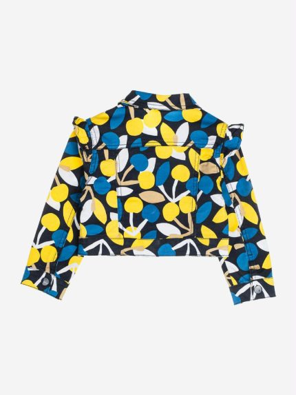 Giubbino corto Retro Summer Giiubbino corto in cotone elasticizzato con collo camicia e stampa fantasia all over. Tasche frontali e allacciatura con bottoni. Applicazione di volant sulle spalle.