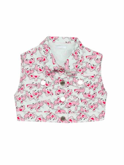 Giubbino ragazza Giubbino Smanicato Denim Stampato "Pantera Rosa" - Stile Grintoso per Ragazze Made in Italy Pantera Rosa