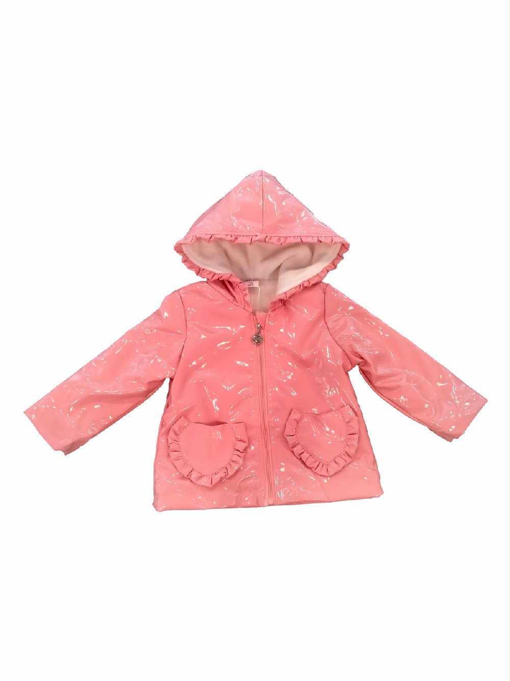 GIUBBOTTO CON CAPPUCCIO C2594 00 GIUBBOTTO CON CAPPUCCIO Giubbino baby con cappuccio, allacciatura zippata, fodera in pile, taschine cuore con rouches.