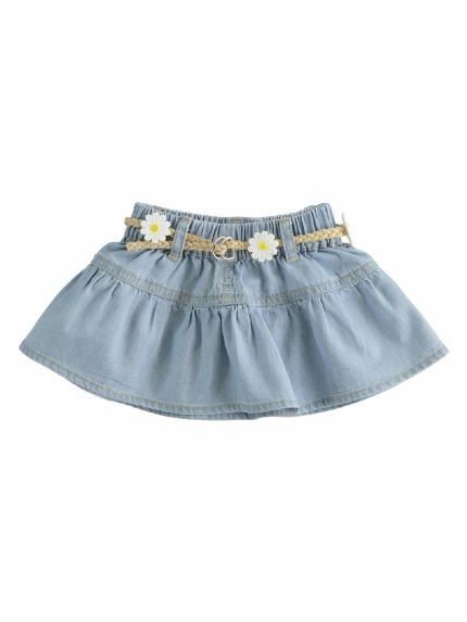 GONNA DENIM MINIBANDA - Gonna in denim leggero per neonata con cintura elastica e passanti + cintura a fiori.