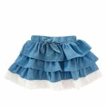 Gonna Spring Breeze Ativo Kids Gonna in denim con elastico in vita ed effetto balza in tessuto bianco di sangallo a contrasto, fiocco in rilievo applicato sulla cintura.