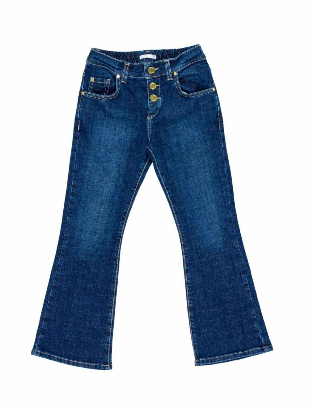 Jeans ragazza LL2274 00 Jeans ragazza Jeans elasticizzato a trombetta, modello con cinta elasticizzata dietro ed allacciatura con tre bottoni dorati.