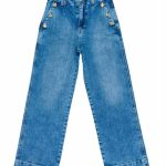 Jeans ragazza Jeans elasticizzati dal taglio diritto con tasche laterali decorate da bottoni, cintura elastica con passanti. Made in Italy