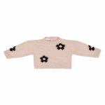 Maglia bimba Morbida e calda maglia girocollo, misto lana/viscosa/alpaca, allacciatura dietro con bottoncini, motivo a fiori sul davanti e sulle maniche in morbido filato fluffy. Made in Italy.