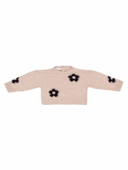Maglia bimba Morbida e calda maglia girocollo, misto lana/viscosa/alpaca, allacciatura dietro con bottoncini, motivo a fiori sul davanti e sulle maniche in morbido filato fluffy. Made in Italy.