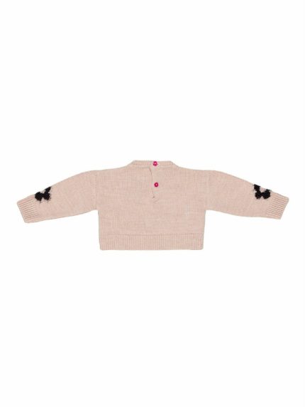 Maglia bimba Morbida e calda maglia girocollo, misto lana/viscosa/alpaca, allacciatura dietro con bottoncini, motivo a fiori sul davanti e sulle maniche in morbido filato fluffy. Made in Italy.