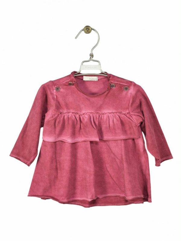 MAXI T.SHIRT BABY COTONE MAPERÒ - Maxi t.shirt a maniche lunghe di cotone elasticizzato con motivo arricciato sul fronte e bottoncini allo scollo. Taglie baby da 3 mesi a 36 mesi.