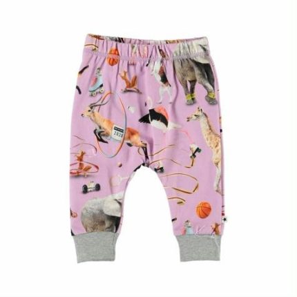 PANTALONI BAGGY COTONE BIO SIMONE MOLO - Pantaloni in felpa di COTONE ORGANICO, cintura elastica, polso di maglia al fondo, fantasia animali. Taglie da 62cm (3 mesi).