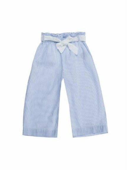Pantaloni culotte Ubs2 Pantaloni culotte da bambina in tessuto di cotone rigato azzurro/bianco. Fiocco in tessuto di cotone ricamato svizzero in bianco. Best Seller