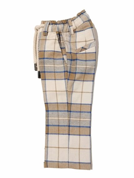 Pantaloni eleganti check bimbo Pantalone elegante in tessuto fantasia a quadri, taschine laterali e dietro a filetto, allacciatura con zip e bottone, cinta elasticizzata e comoda coulisse. Made in Italy