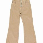 Pantaloni ragazza Pantaloni per ragazza in velluto a coste larghe, modello con fondo a trombetta, cinta elasticizzata dietro, allacciatura con bottoni vintage. Made in Italy