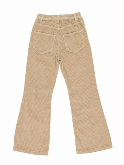 Pantaloni ragazza Pantaloni per ragazza in velluto a coste larghe, modello con fondo a trombetta, cinta elasticizzata dietro, allacciatura con bottoni vintage. Made in Italy