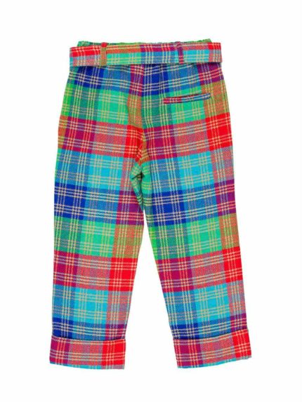 Pantaloni ragazza Pantaloni fantasia multicolor in tessuto misto lana, taglia diritto, cinta elasticizzata con passanti, cintura abbinata. Made in Italy