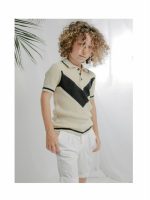 POLO COTONE M/C BICOLOR OVER-D: Polo in cotone a manica corta, maglia lavorata bicolore beige/nero. Profilo nero su collo, maniche e fondo. Taglie 4/16 anni.