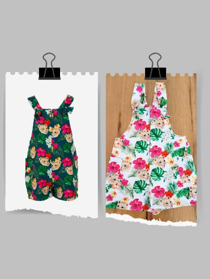 Salopette Rainforest Ativo Kids Salopette corta baby con stampa TROPICAL all over, allacciatura anteriore zippata