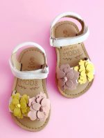 Sandaletto bimba Cloneha Sandali bimba Mod8 in pelle bianca – Primi passi con fiori applicati.