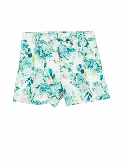 Shorts Cerimonia a Pois AtivoKids Pantaloncino corto da bimba con stampa fiorata all-over, fiocchetto in vita, elastico regolabile interno.