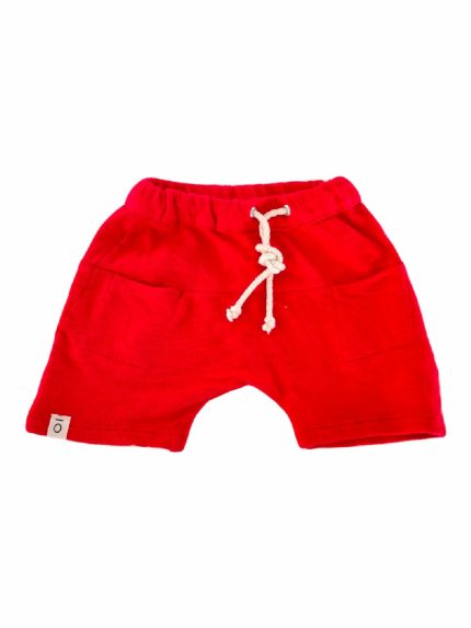 SHORTS COTONE FIAMMATO MAPERÒ - Shorts 100% cotone fiammato, modello cavallo basso, cintura elastica con coulisse in corda. Colori beige/rosso. Taglie da 3 mesi a 4 anni.