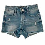 Shorts denim Shorts in denim elasticizzato, modello con quattro tasche, allacciatura con zip e bottone, regolazione vita con elastico interno, fondo sfrangiato.