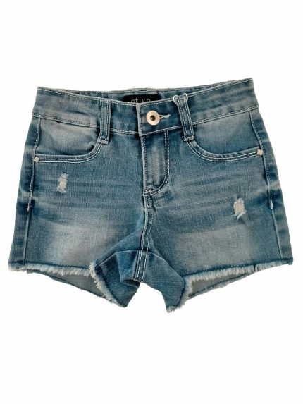 Shorts denim Shorts in denim elasticizzato, modello con quattro tasche, allacciatura con zip e bottone, regolazione vita con elastico interno, fondo sfrangiato.