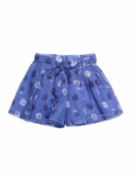 Shorts pois Ubs2 Shorts da bambina effetto gonna ampia realizzati in pregiato cotone bambula con stampa di fondo lilla e pois blu navy ed ecrù, fiocco dello stesso tessuto. Best Seller