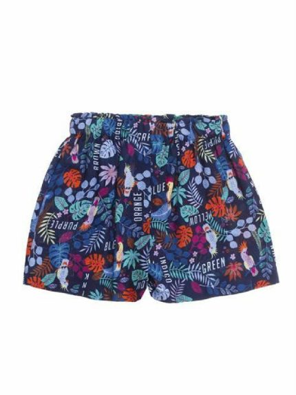 Shorts viscosa Ubs2 Pantaloncini da bambina in viscosa ecologica con stampa multicolore su fondo blu navy, elastico in vita.