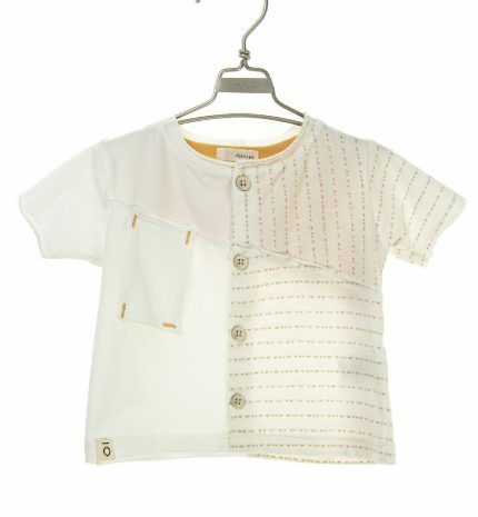 T.SHIRT COTONE BIANCO/FANTASIA MAPERÒ - T.shirt girocollo baby in cotone con allacciatura frontale a bottoni, motivo tinta unita/fantasia rigata. Taglie da 3 mesi a 4 anni.