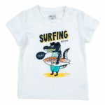T.SHIRT COTONE M/C COCCODRILLO ATIVO KIDS - T.shirt in cotone elasticizzato stampa coccodrillo, colori bianco/turchese. Taglie 6/36 mesi. Best Seller