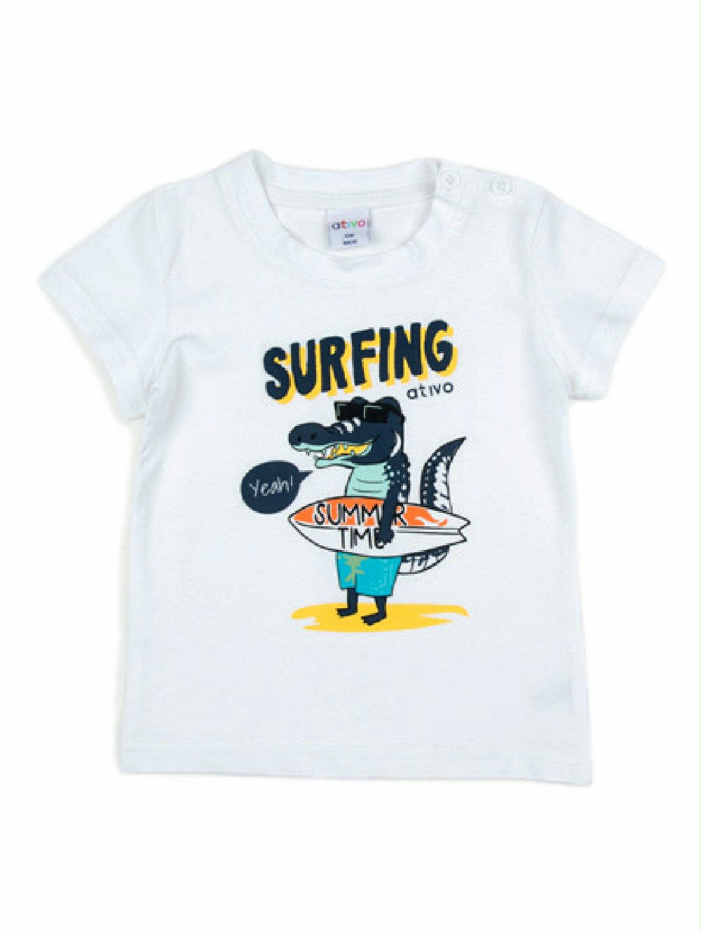 T.SHIRT COTONE M/C COCCODRILLO YF1085 Best Seller 00 T.SHIRT COTONE M/C COCCODRILLO ATIVO KIDS - T.shirt in cotone elasticizzato stampa coccodrillo, colori bianco/turchese. Taglie 6/36 mesi. Best Seller