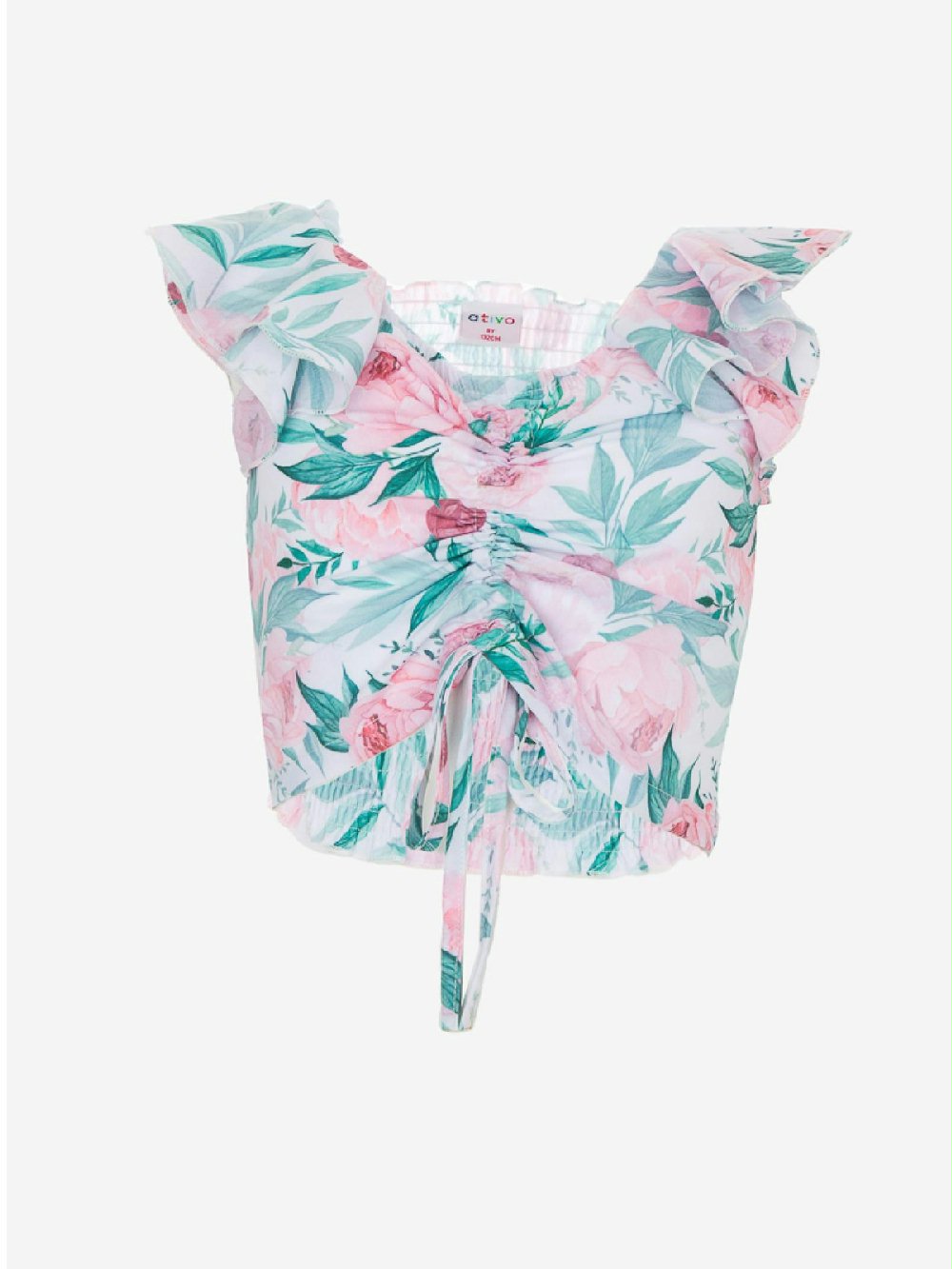 T.shirt m/c Cerimonia a Pois Ativo Kids C2936 00 T.shirt m/c Cerimonia a Pois Ativo Kids Top corto con scollo dritto e motivo floreale all over, maniche con volant. Effetto a nido d'ape sul retro.