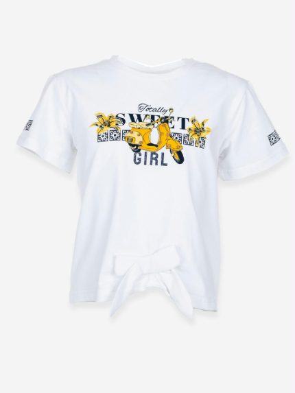 T.shirt m/c Maiolica Ativo Kids T.shirt da bambina in jersey di cotone elasticizzato, maniche corte, stampa frontale, fiocchetto sul fondo.