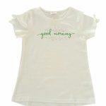 T.shirt m/c Rainforest AtivoKids T.shirt per bambina in cotone stampa glitter, maniche corte con fiocchetto, retro con fondo stondato leggermente più lungo.