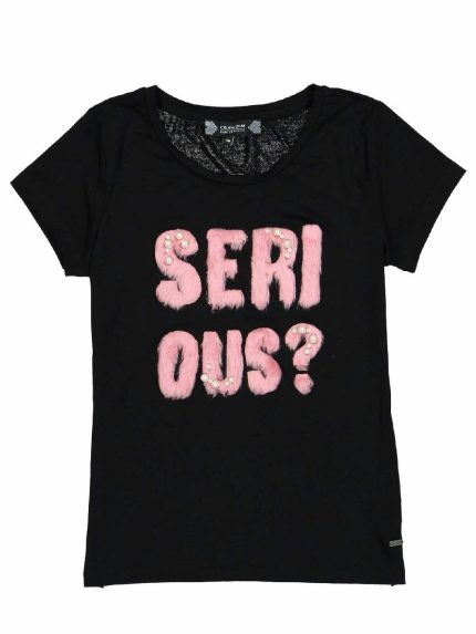 T.SHIRT M/CORTA TAYLA CRUSH DENIM - T.shirt a manica corta con scritta pelouche e decoro perle. Taglie junior da 6 a 16 anni.