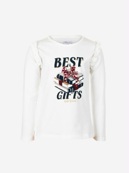 T.SHIRT M/LUNGA BEST GIFTS T.shirt in cotone a manica lunga, stampa glitter BEST GIFTS, con motivo rouches al giro manica. Taglie 4/14 anni.