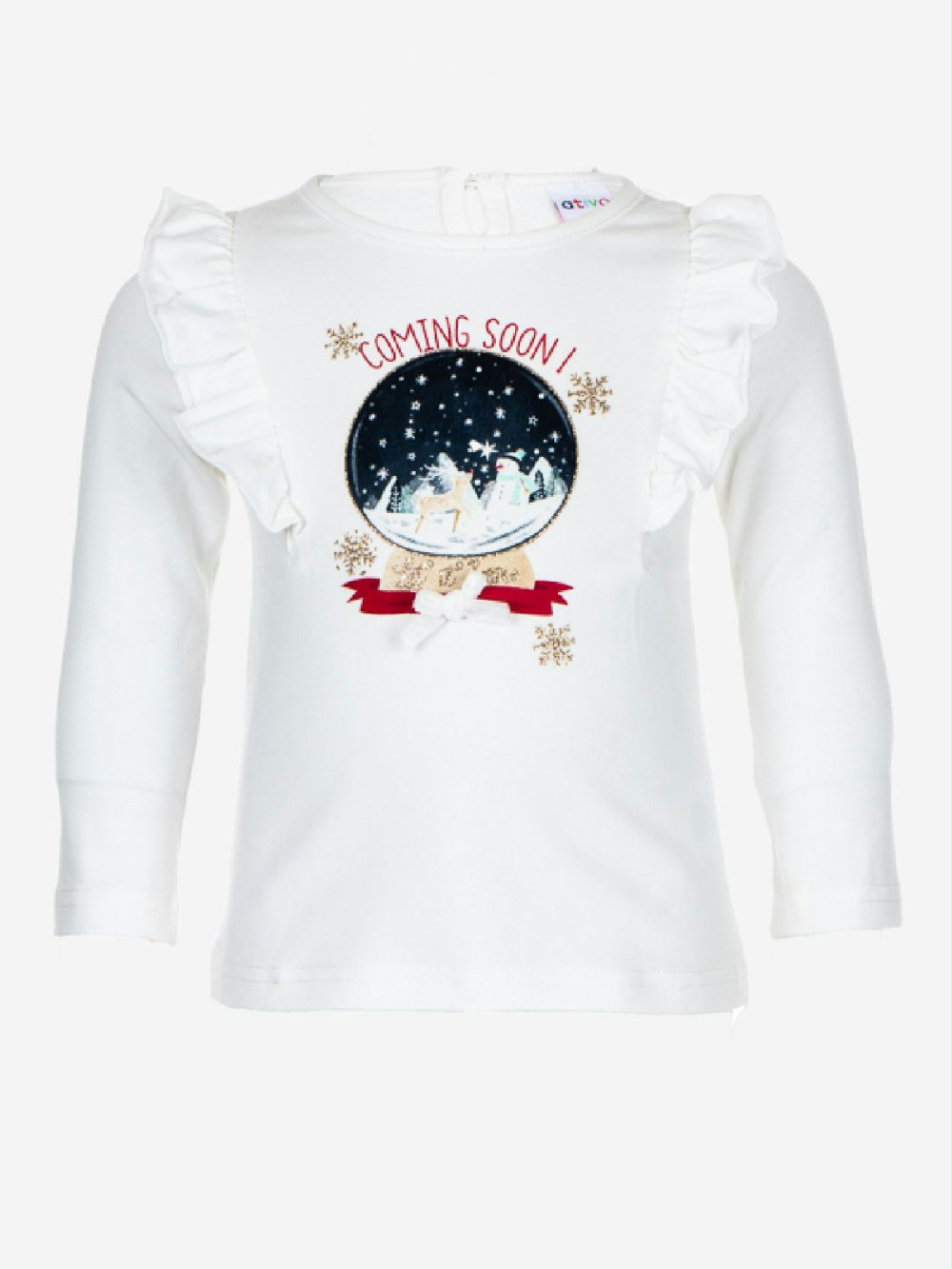 T.SHIRT M/LUNGA COMING SOON C2609 00 T.SHIRT M/LUNGA COMING SOON T.shirt in cotone a manica lunga, stampa palla di vetro con neve. Colori latte e rosso.