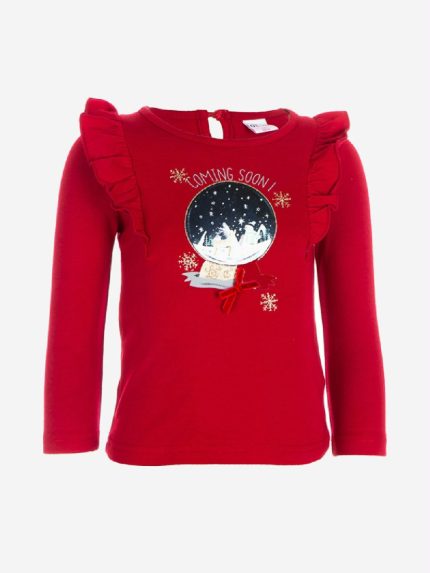 T.SHIRT M/LUNGA COMING SOON T.shirt in cotone a manica lunga, stampa palla di vetro con neve. Colori latte e rosso.