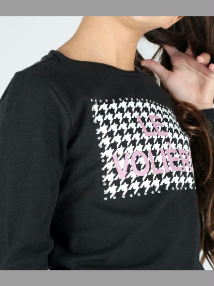 T.SHIRT M/LUNGA PIEDS DE POULE LE VOLIERE - T.shirt logata in cotone a manica lunga con stampa pieds de poule/strass.