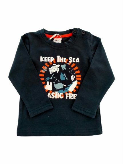 T.SHIRT M/LUNGA PLASTIC FREE T.shirt girocollo in cotone a manica lunga, stampa testo. Colori blu e senape.